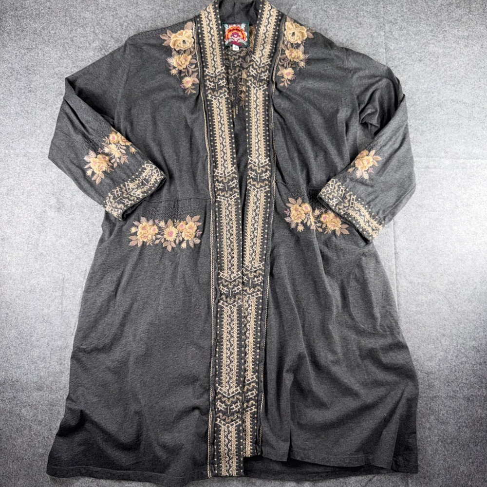 Johnny Was Los Angeles Embroidered Marushka Cardigan Gray Floral S